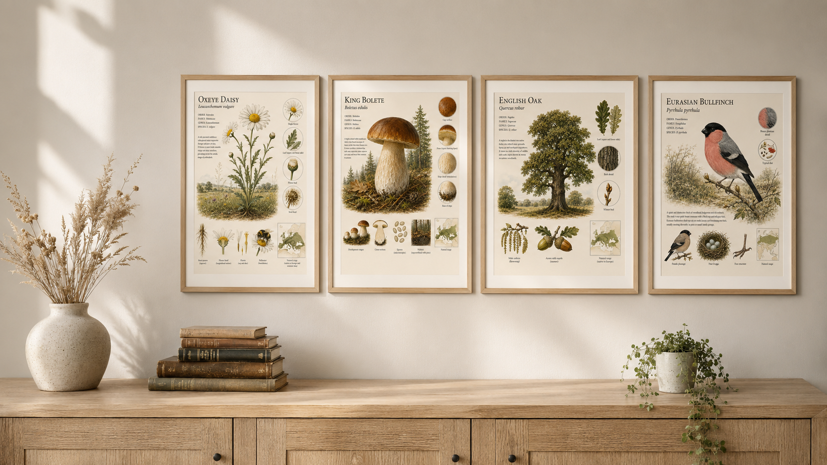 Four framed Ashborn natural history prints featuring Oxeye Daisy, King Bolete, English Oak and Eurasian Bullfinch above a wooden sideboard in a warm neutral interior.