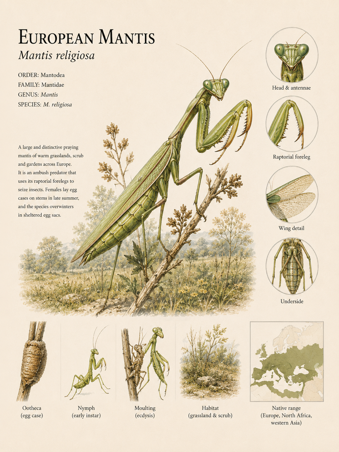 European Mantis — Naturalist Field Plate | Printable Entomology Wall Art