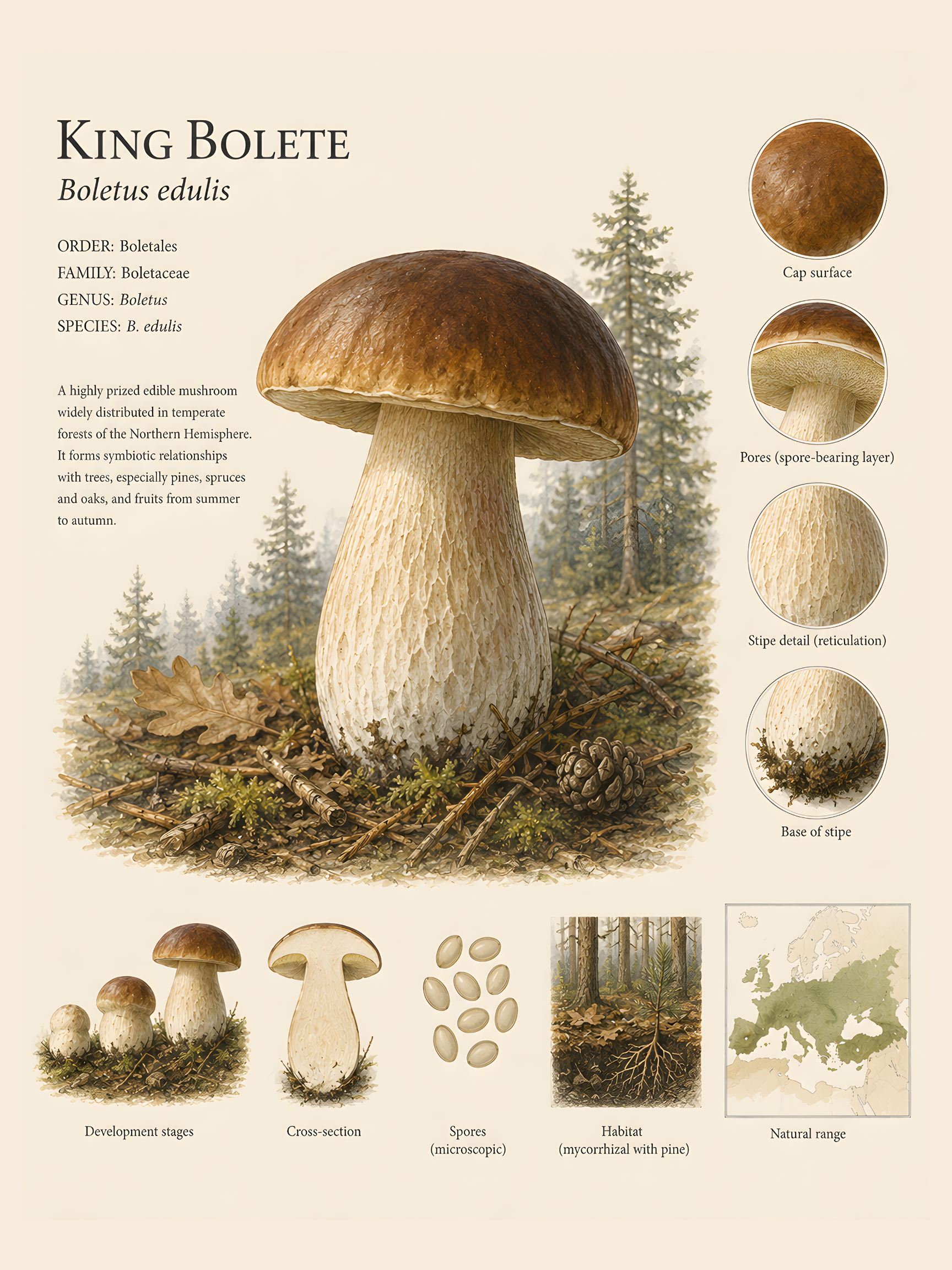 King Bolete (Porcini) — Naturalist Field Plate | Printable Mushroom Wall Art