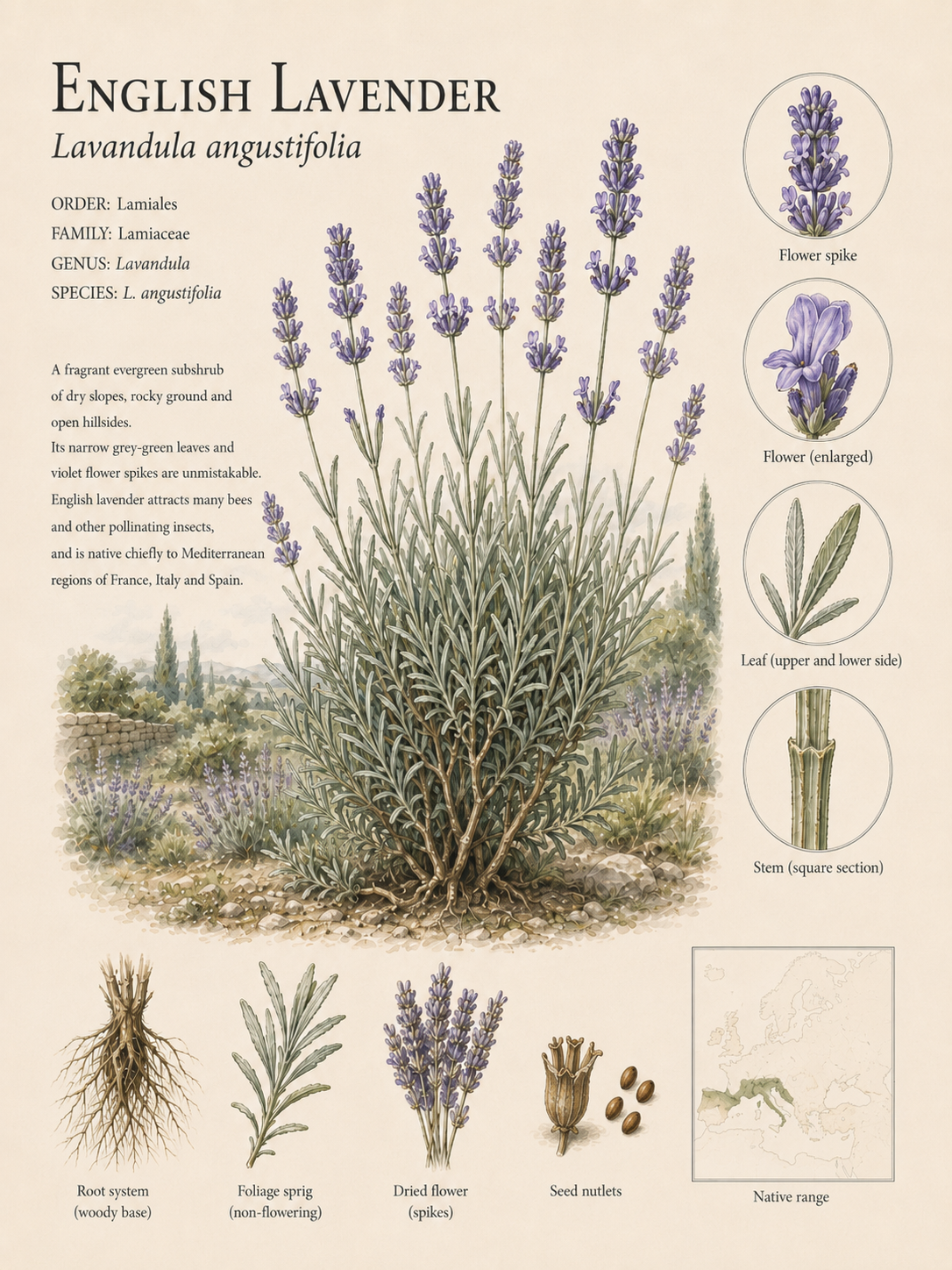 English Lavender — Naturalist Field Plate | Printable Botanical Wildflower Wall Art