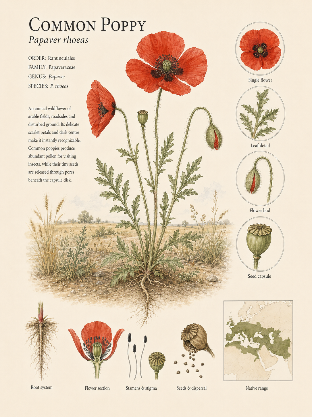 Common Poppy — Naturalist Field Plate | Printable Botanical Wildflower Wall Art