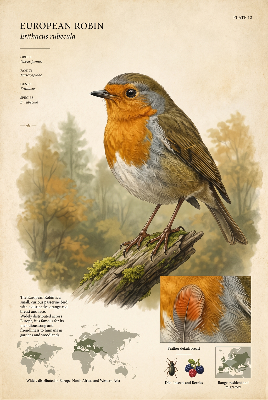 European Robin — Naturalist Field Plate | Printable Botanical Bird Wall Art