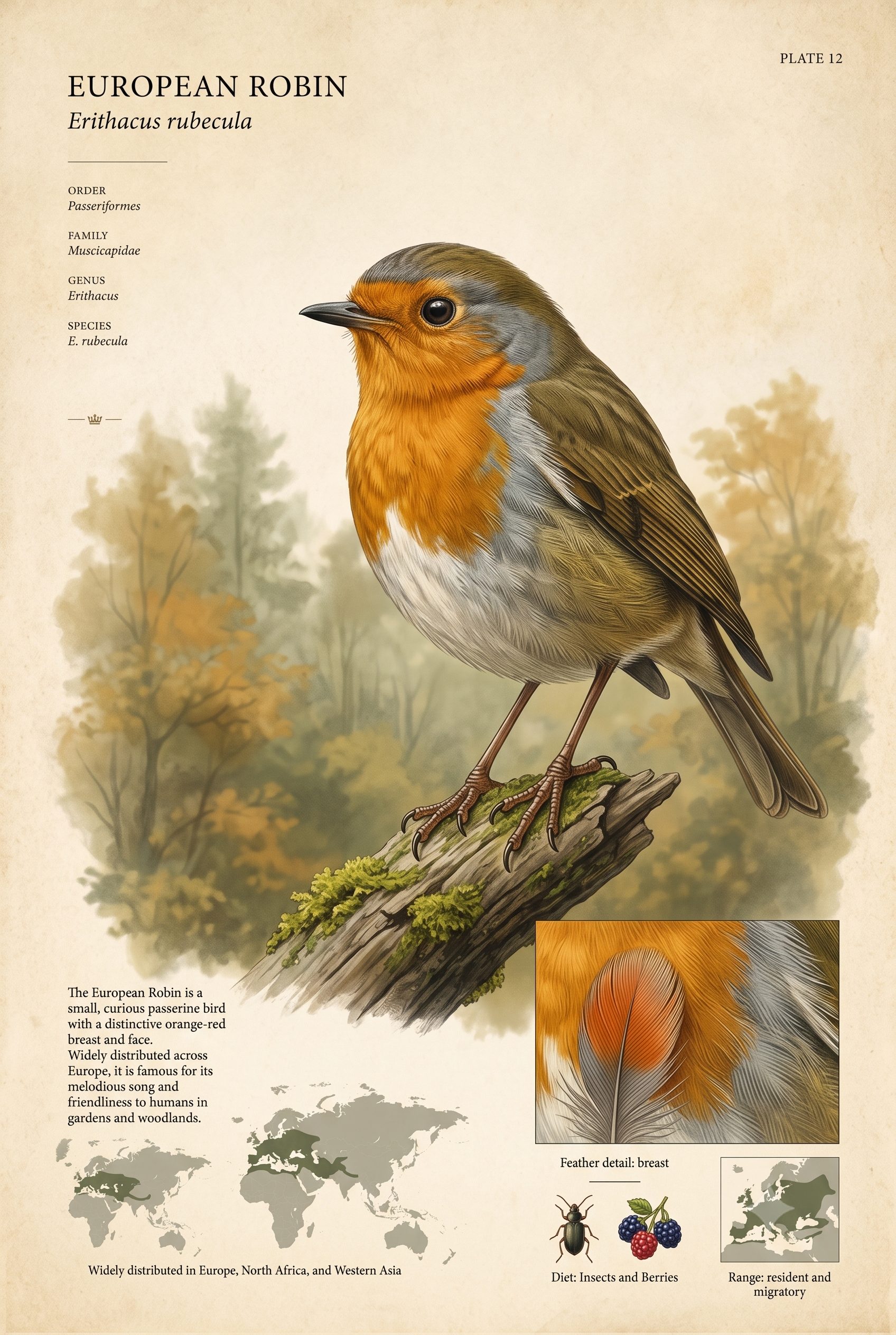 European Robin — Naturalist Field Plate | Printable Botanical Bird Wall Art