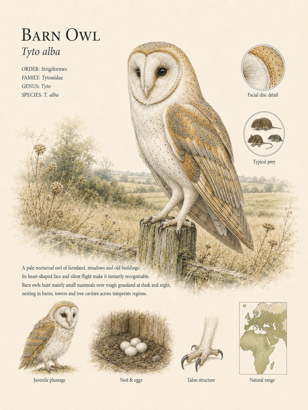 Barn Owl — Naturalist Field Plate | Printable Botanical Bird Wall Art