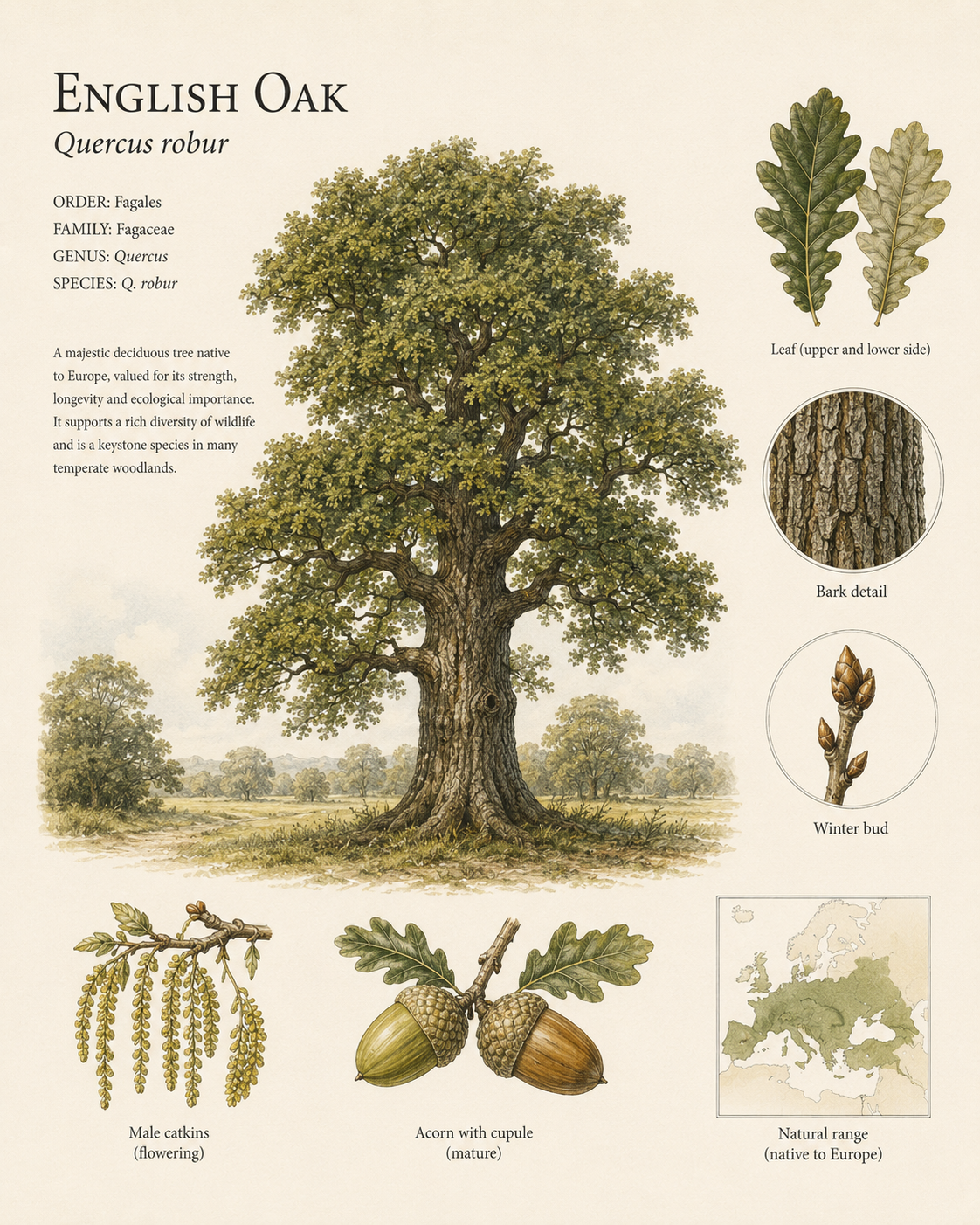 English Oak — Naturalist Field Plate | Printable Botanical Tree Wall Art