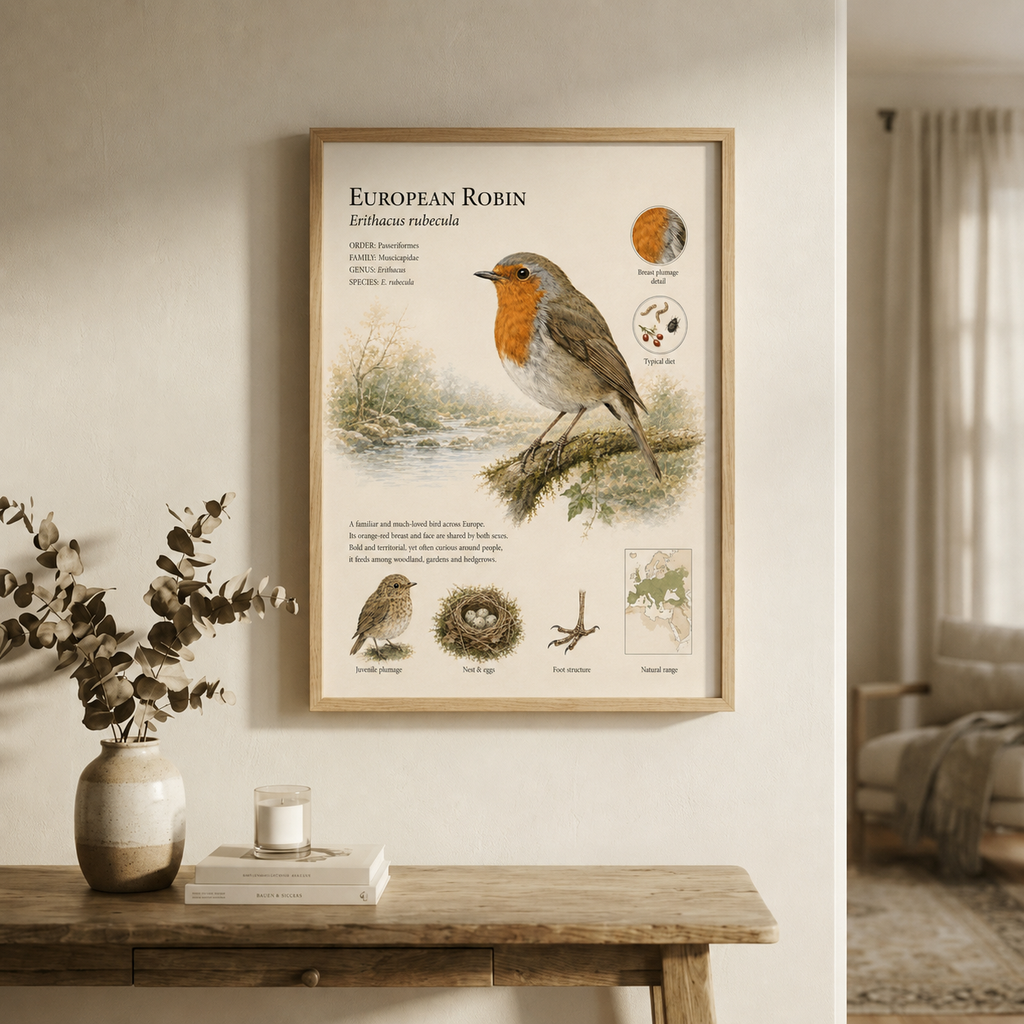 European Robin — Naturalist Field Plate | Printable Botanical Bird Wall Art