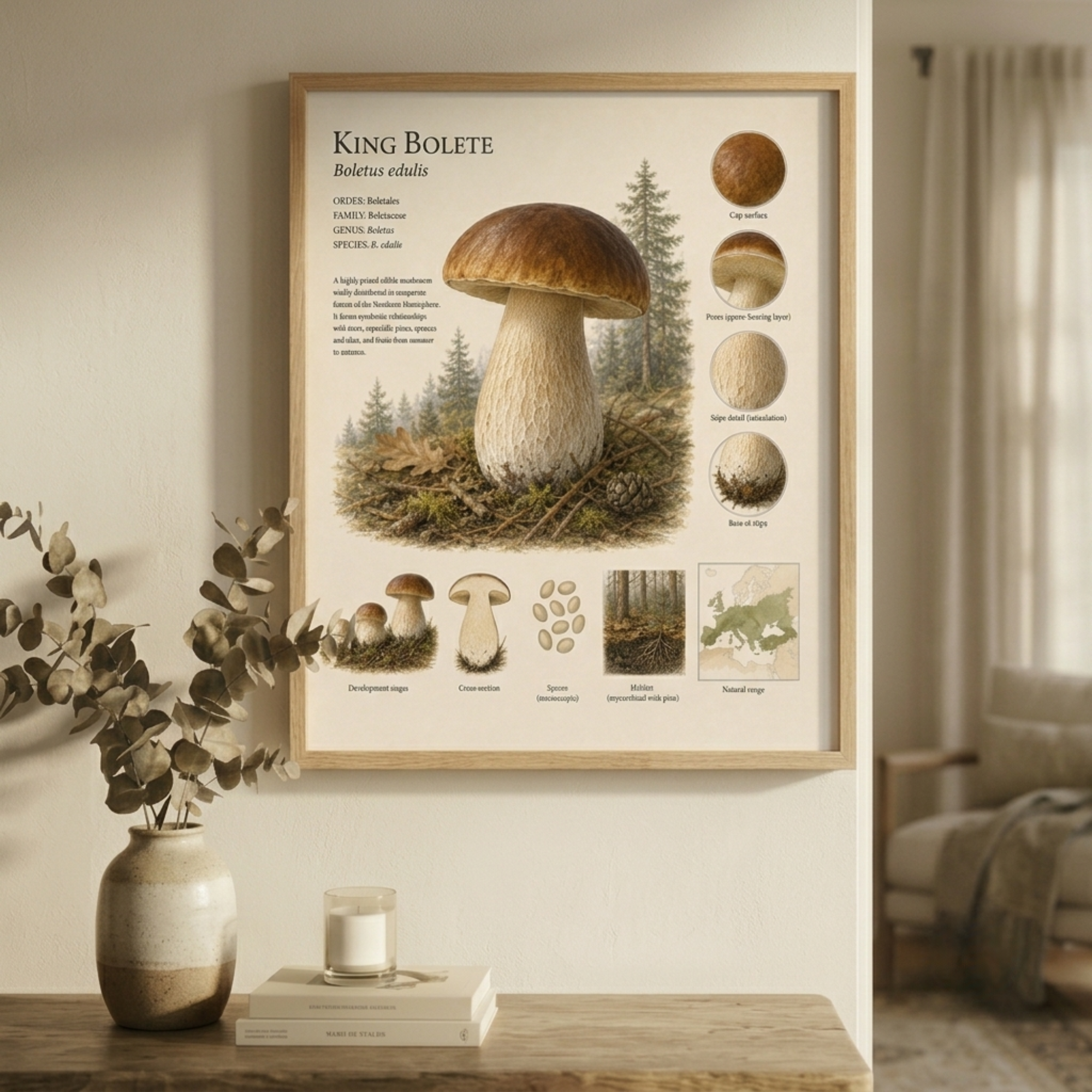 King Bolete (Porcini) — Naturalist Field Plate | Printable Mushroom Wall Art